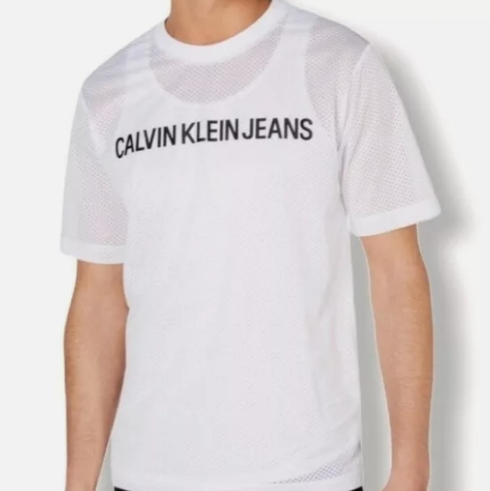 Calvin Klein CK Jeans Mens Logo Mesh Racing T-Shirt Mesh Tee White XL